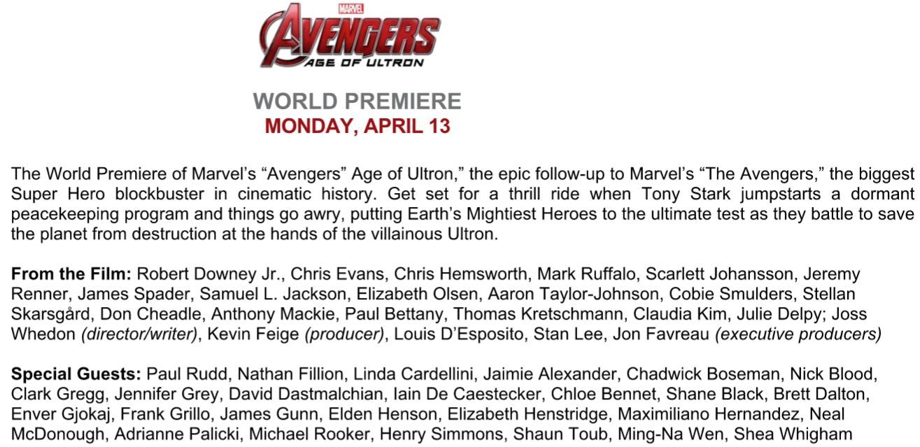 Avengers 2 Premeire Call Sheet REVISED