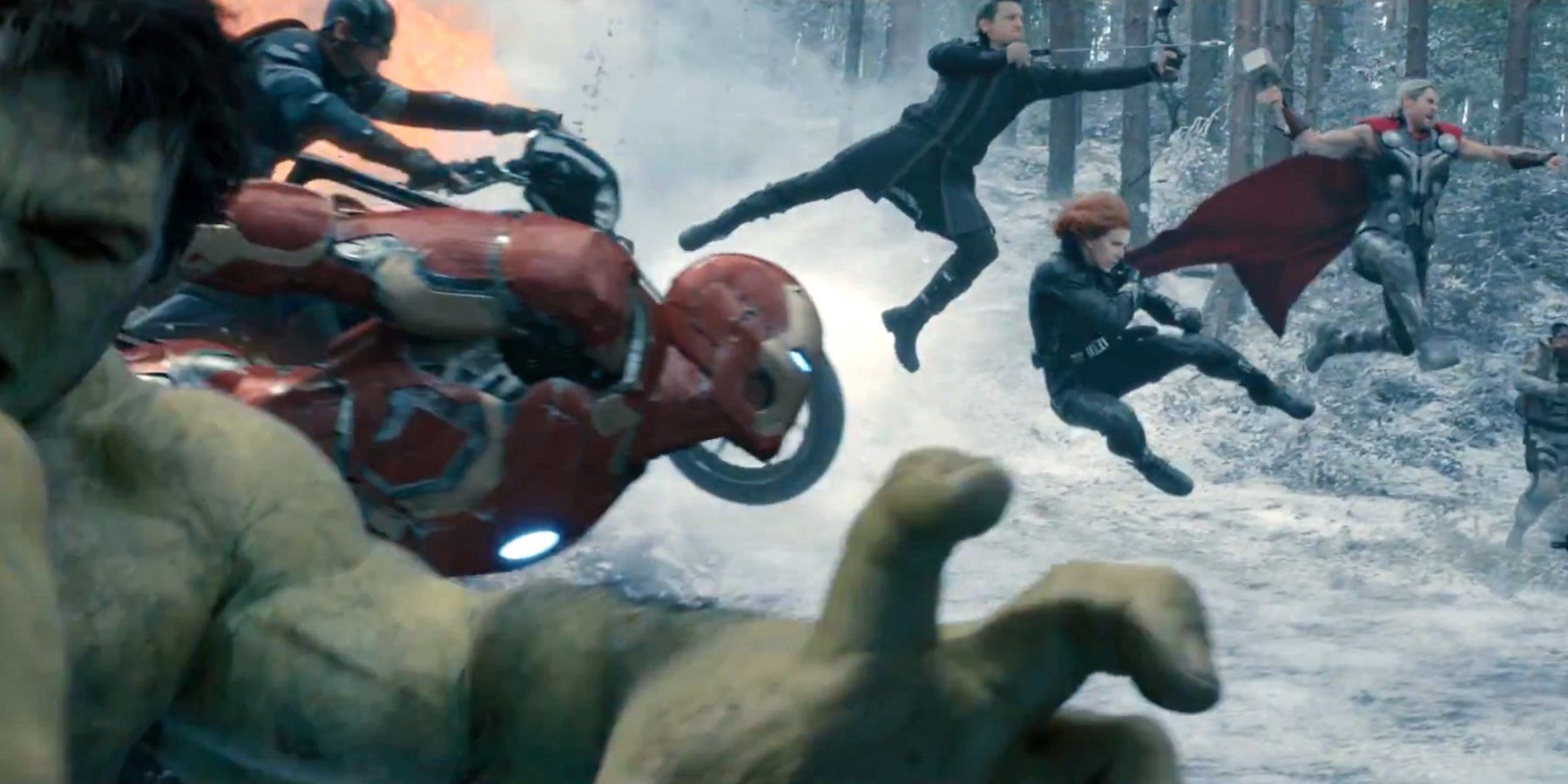 The Avengers leaping into battle in Age of Ultron's opening scene