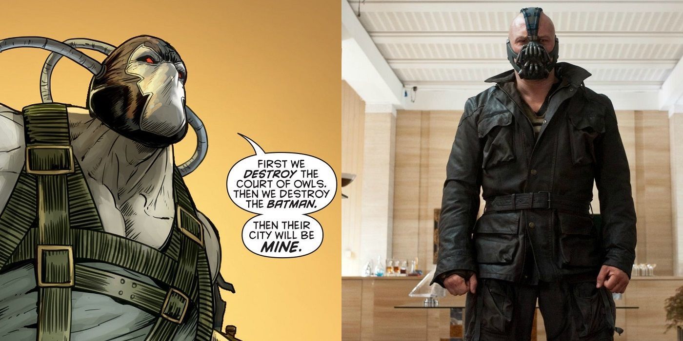 Bane's classic comic book look, and Tom Hardy as Bane in The Dark Knight Rises