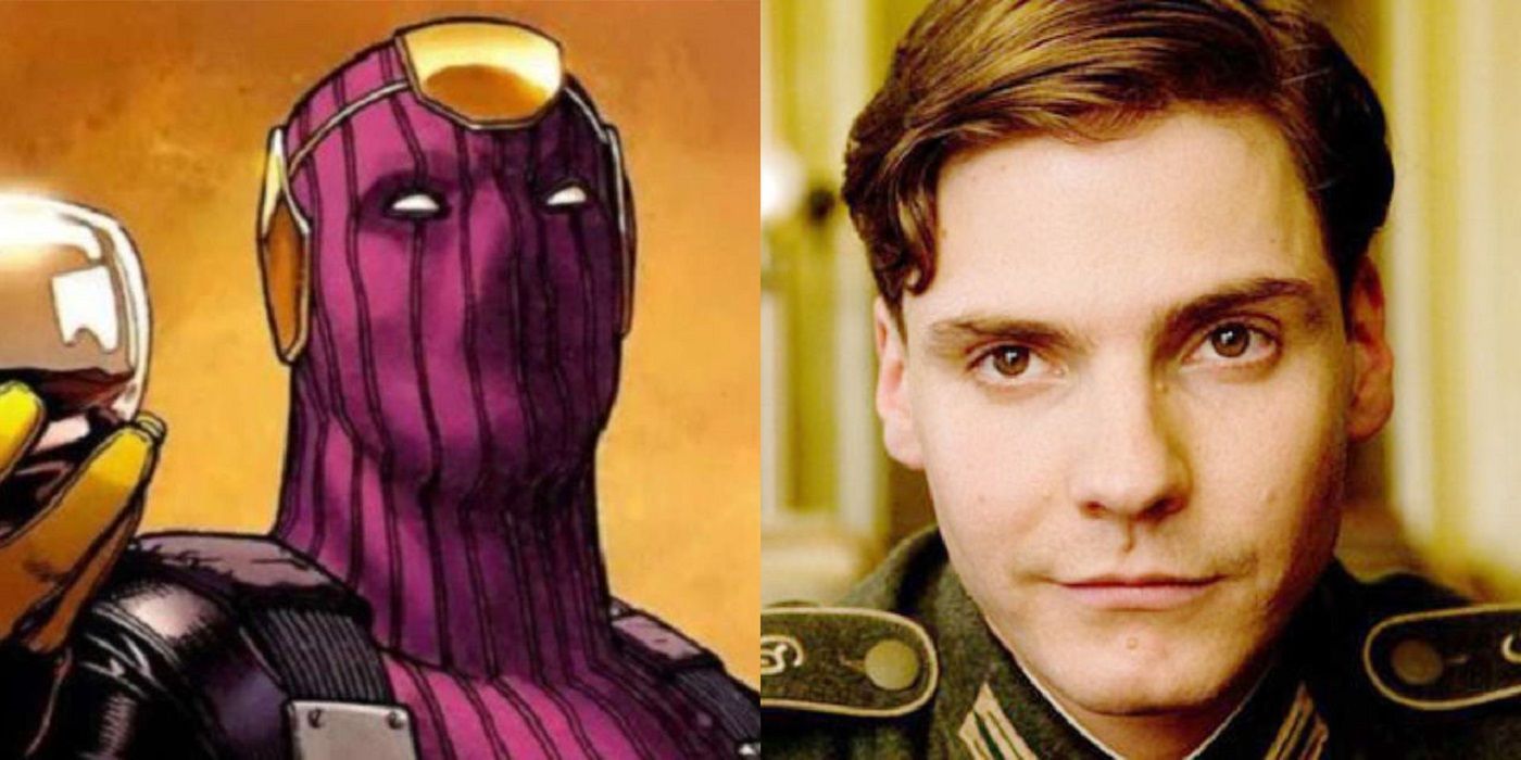 Baron Zemo's purple mask costume, and his unmasked look in Captain America: Civil War