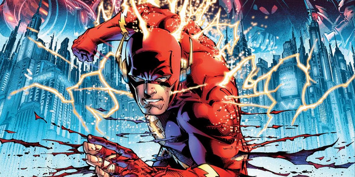 A bloodied Flash runs with lightning bolts from DC comics 