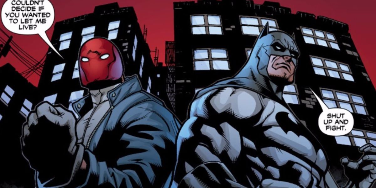Capuz Vermelho e Batman discutindo antes de uma briga na DC Comics.