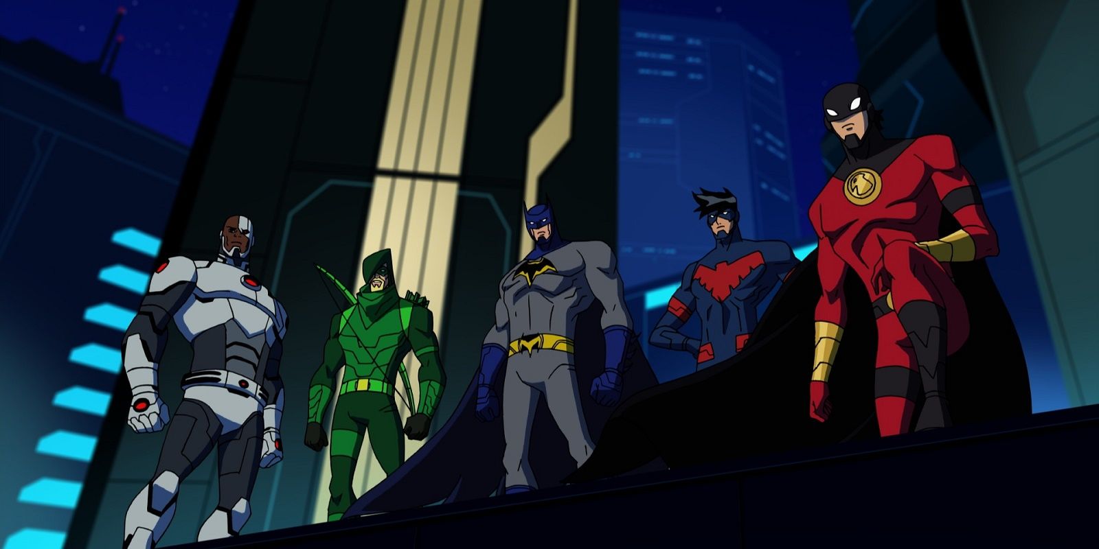 Cyborg, Green Arrow, Batman, Nightwing, and Red Robin stand on a rooftop in Batman: Monster Mayhem