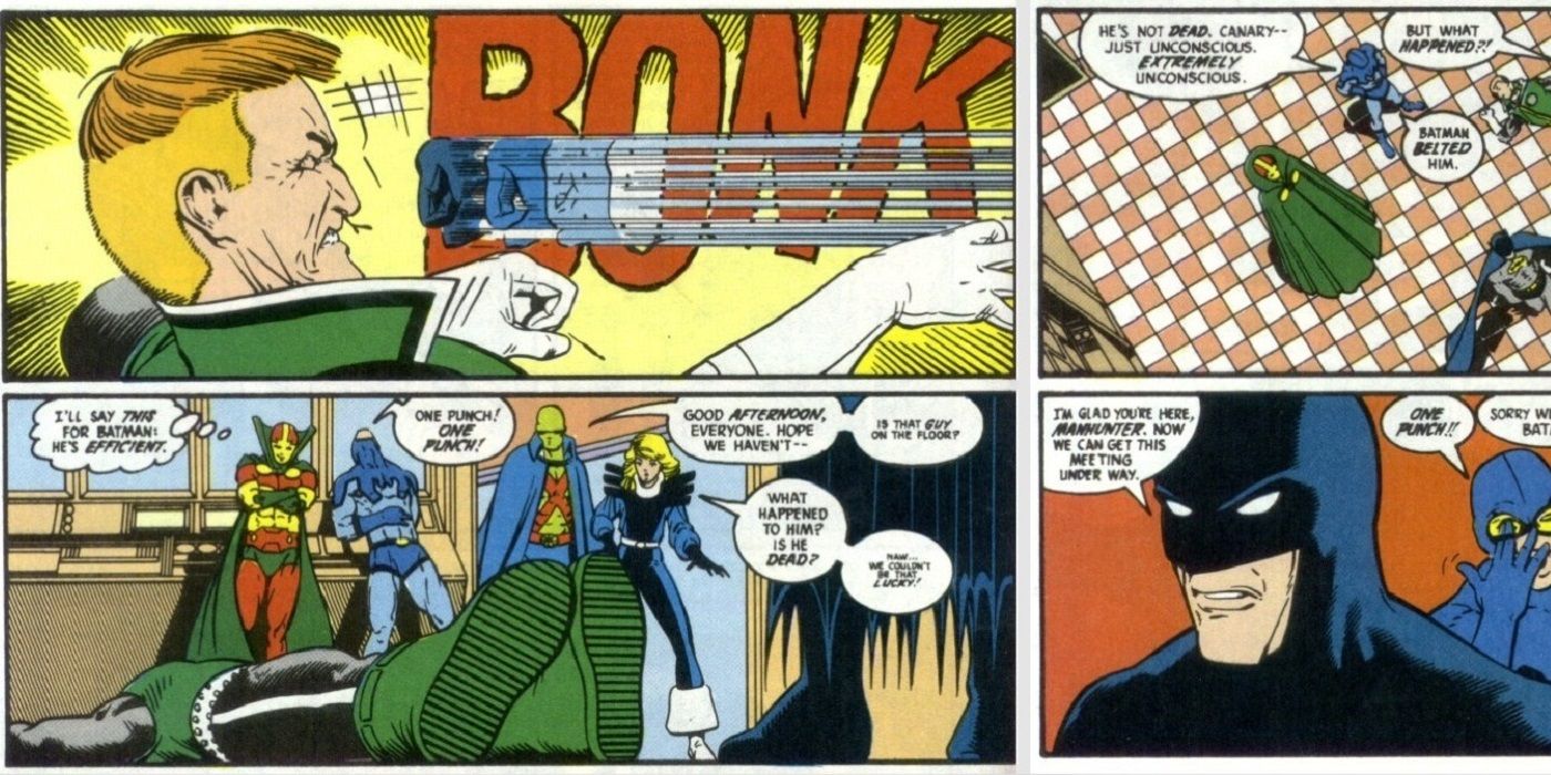 Batman punches Guy Gardner in front of the Justic League