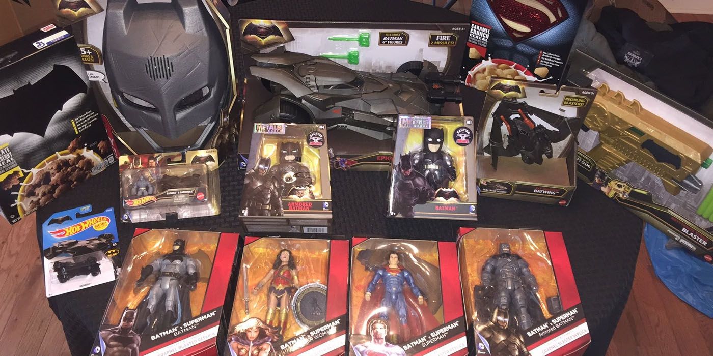 Batman vs Superman toys, Hot Wheels, figures and cereal boxes