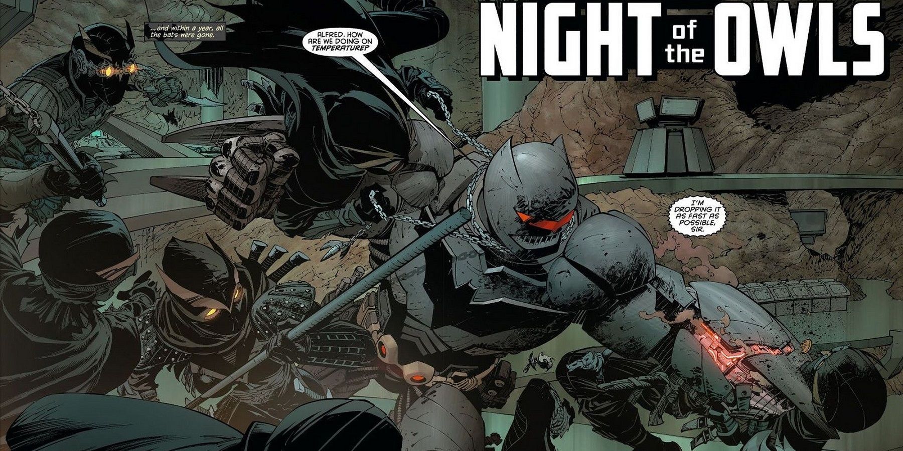 Batman in high tech armor fighting the Court of Owls' Talons