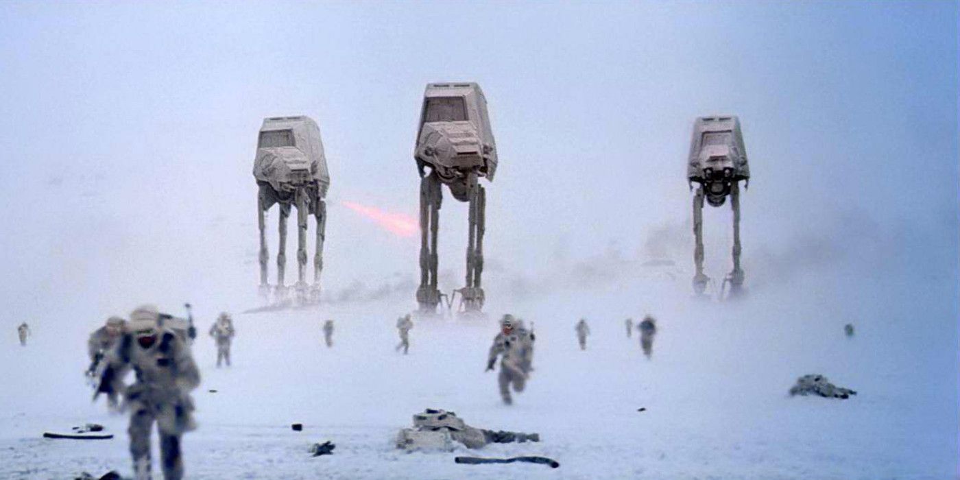 Imperial Walkers arrive at Echo Base and attack the rebels during the Battle of Hoth in the Empire Strikes Back