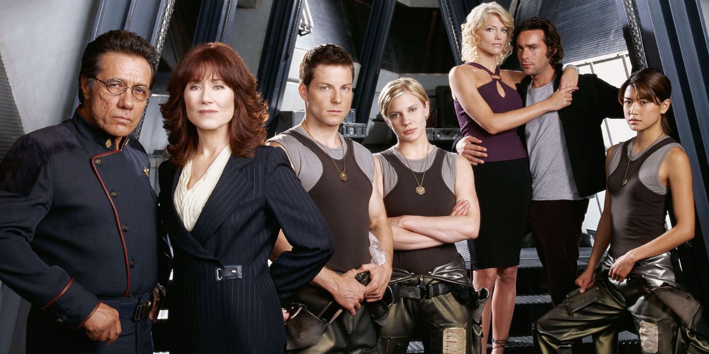 The crew of Battlestar Galactica look on 