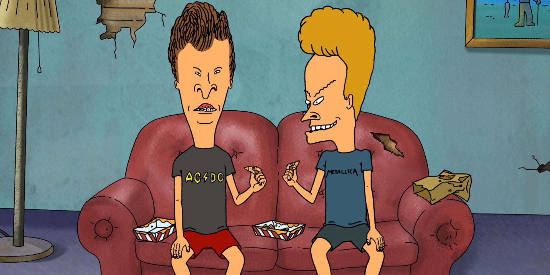 Beavis And Butthead eat on a couch 