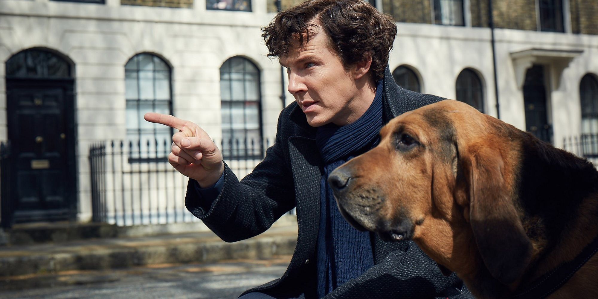Benedict Cumberbatch sitting with a dog in Sherlock season 4