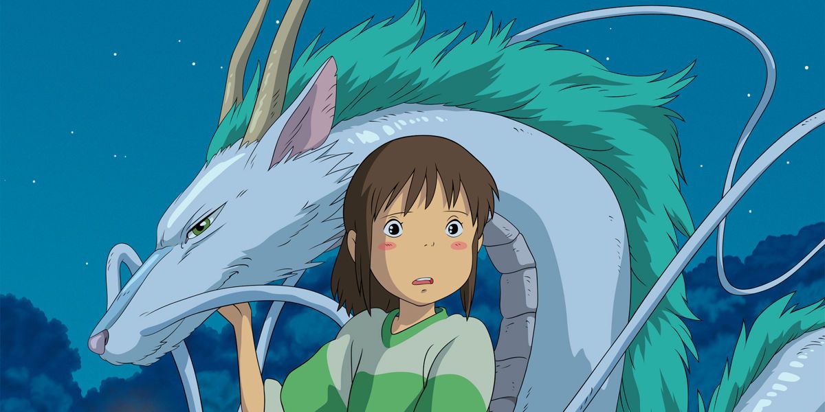Still from Spirited Away featuring Chichiro and Haku in dragon form