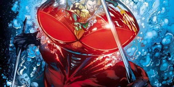 Aquaman is reflected in Black Manta's mask as the two are set to do battle beneath the ocean