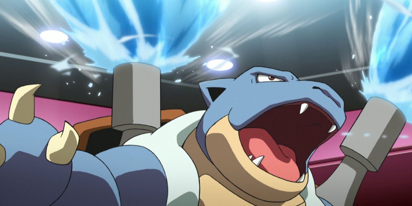 Blastoise usando Water Gun em uma imagem do anime Pokémon.
