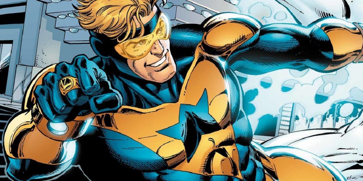 Booster Gold sorrindo enquanto usa seus poderes na DC Comics.