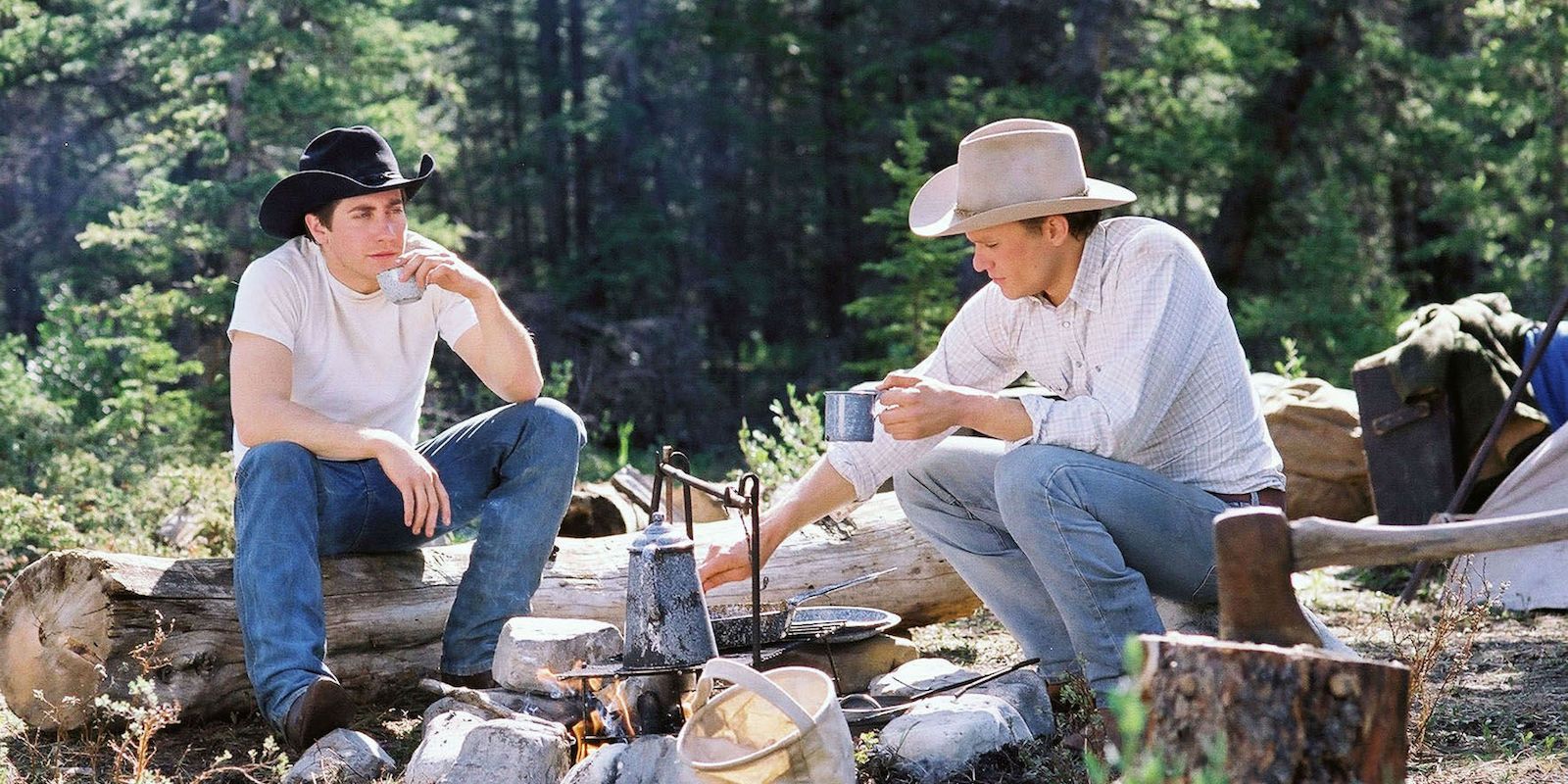 Jake Gyllenhaal and Heath Ledger eating in Brokeback Mountain