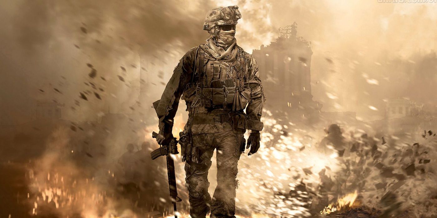 Cover art for the original Call of Duty: Modern Warfare 2, with a soldier holding a rifle in one hand while he walks through a battlefield.