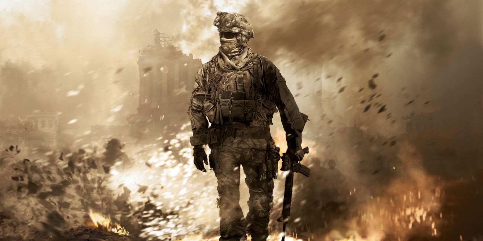 Uma imagem dos pôsteres de Call of Duty 4 Modern Warfare 2.  Na frente está a imagem de um soldado caminhando por uma explosão