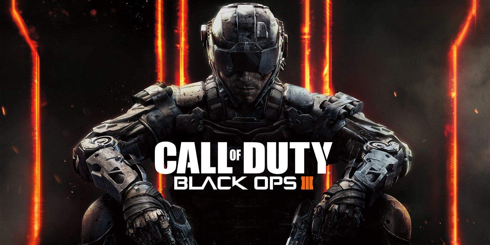 Call of Duty: Black Ops 3 logo with man and two guns. 