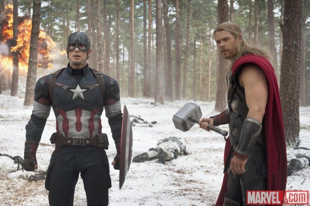 Captain America (Chris Evans) and Thor (Chris Hemsworth) on the battlefield in Marvel's Avengers Age of Ultron