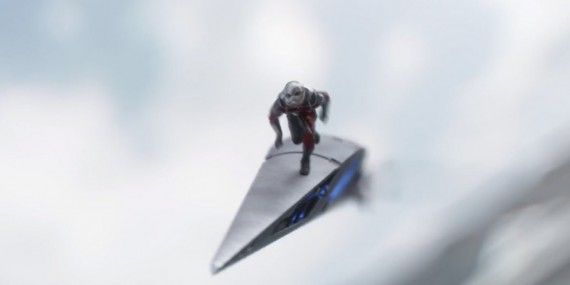 Ant-Man standing on a part of one of Hawkeye's arrows