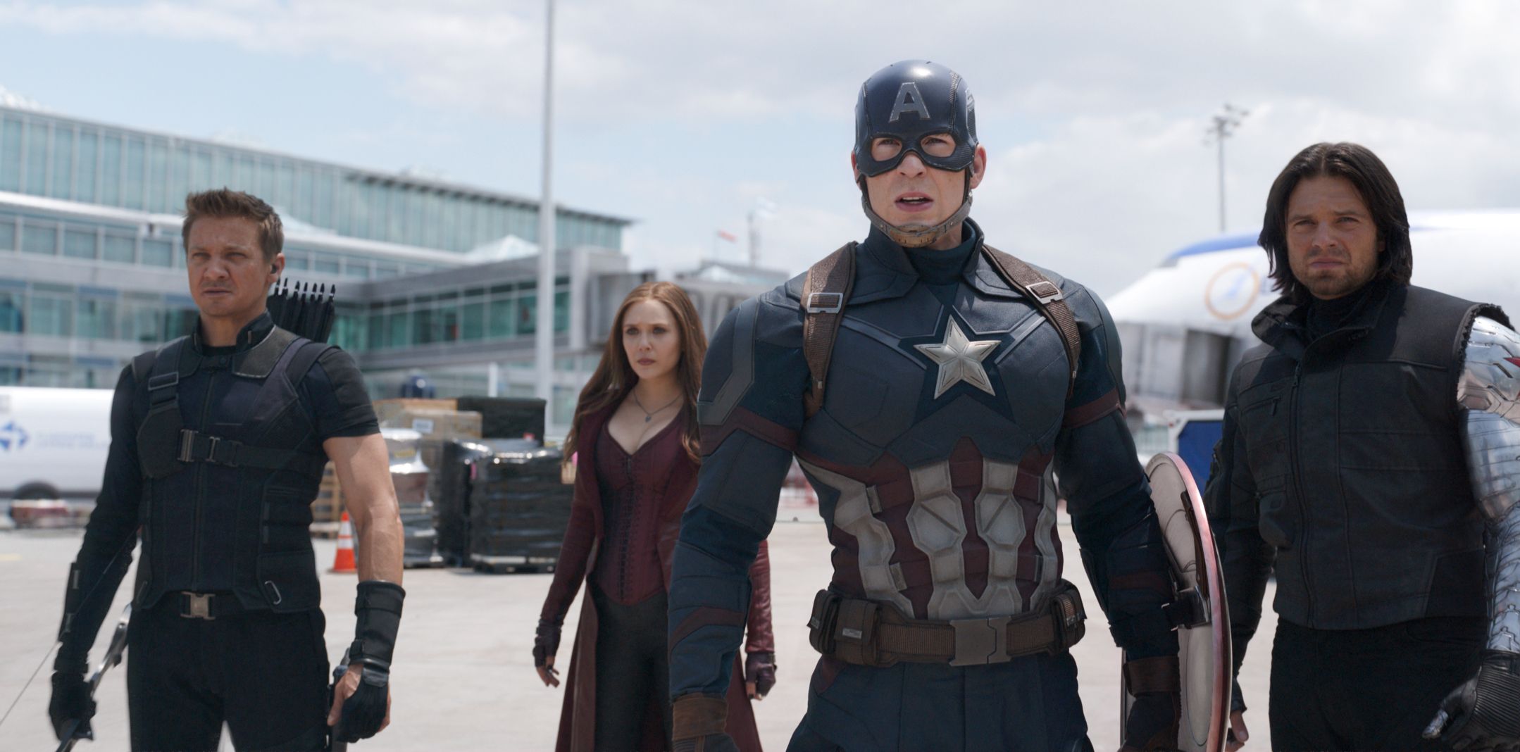 Hawkeye, Scarlet Witch, Captain America, and Winter Soldier stand together to prepare to fight in Captain America: Civil War
