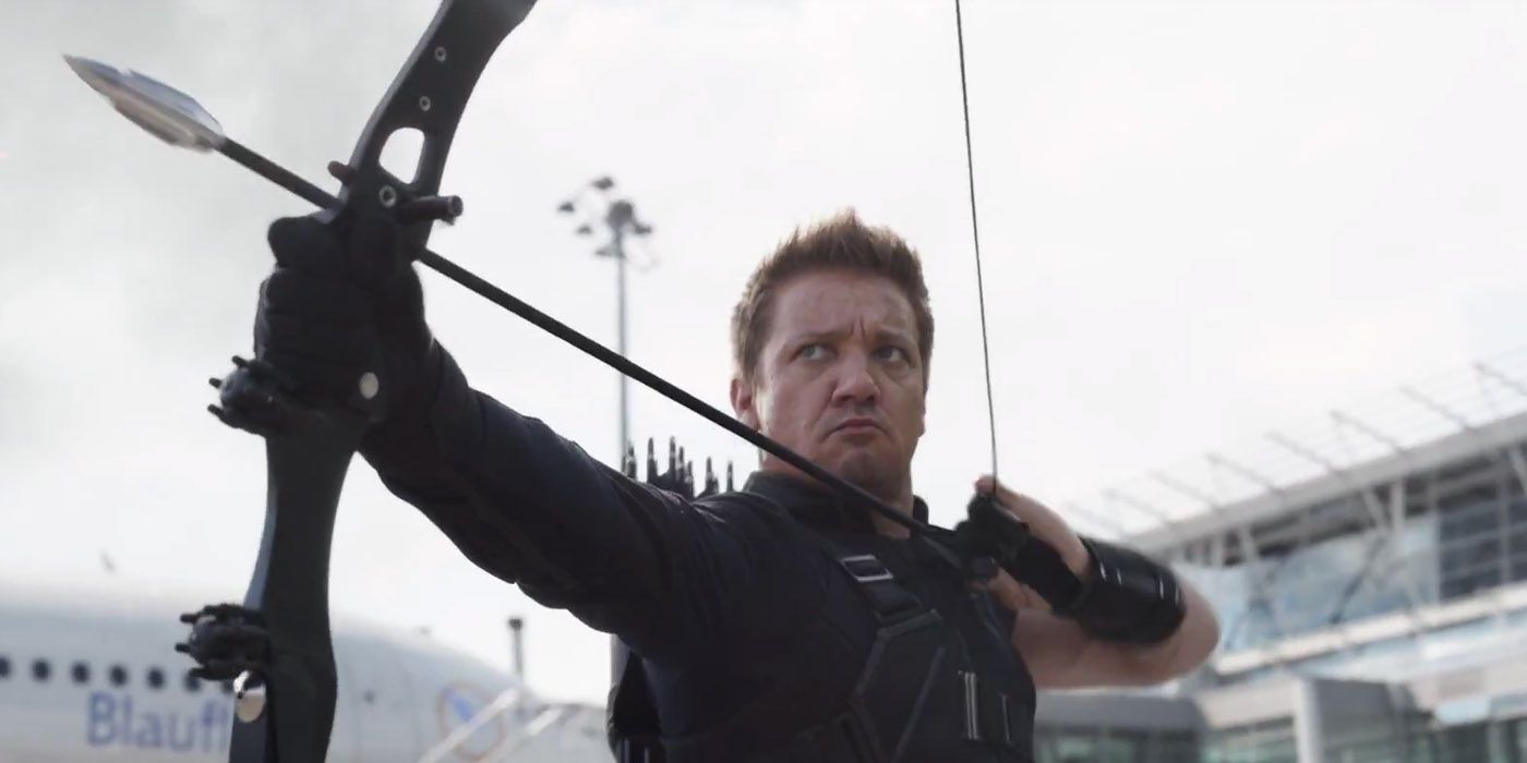Hawkeye about to shoot an arrow in Captain America: Civil War