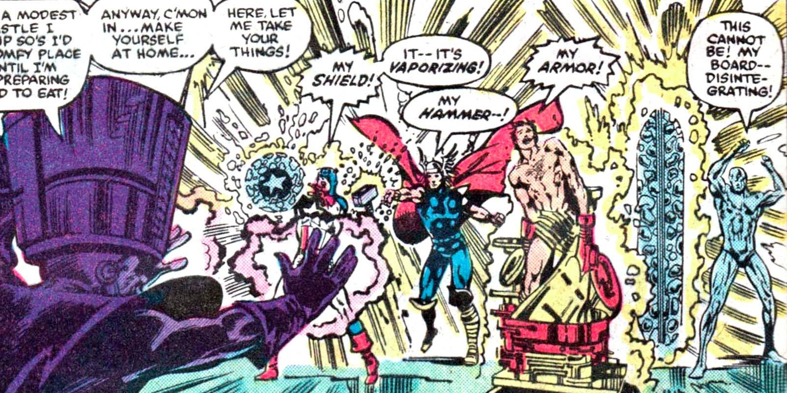 Molecule Man breaking Captain America's shield