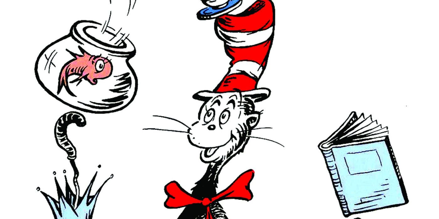 A book illustration of the Cat in the Hat with goldfish