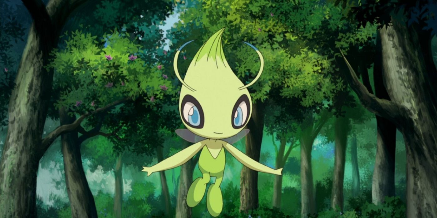 Celebi floating in the forest in the Pokemon anime.