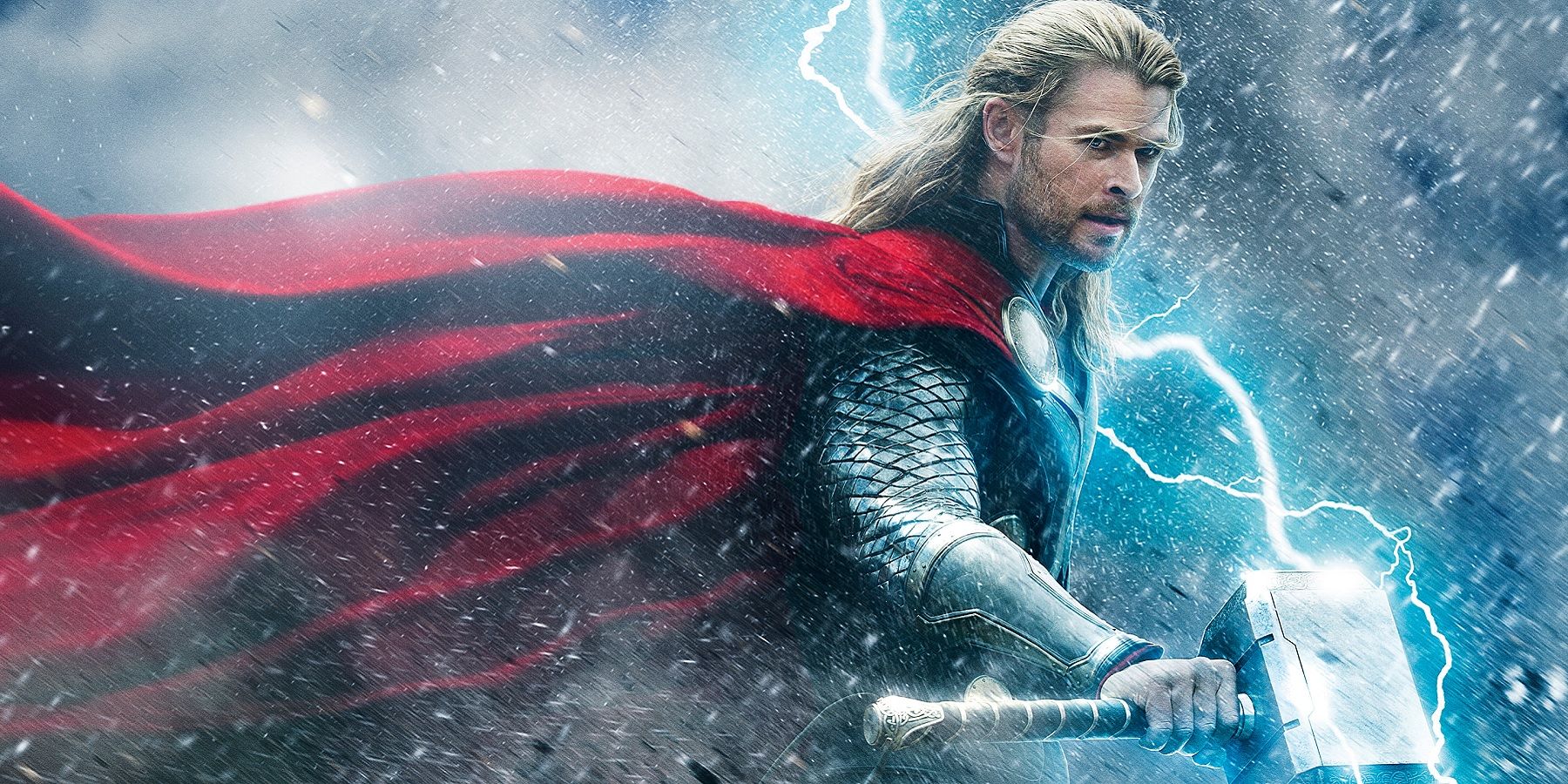 Thor holding Mjolnir and casting thunder with it in Thor: The Dark World.