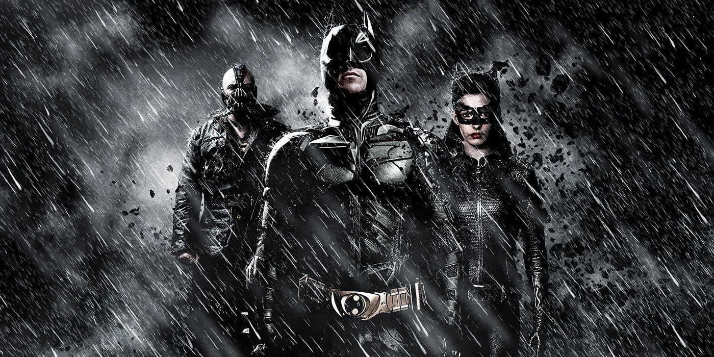 Bane, Batman, and Selina on a poster for The Dark Knight Rises.