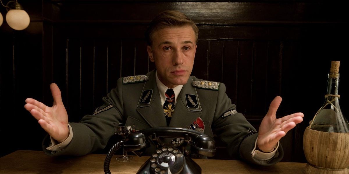 Christoph Waltz looks on while speaking from Inglourious Basterds 