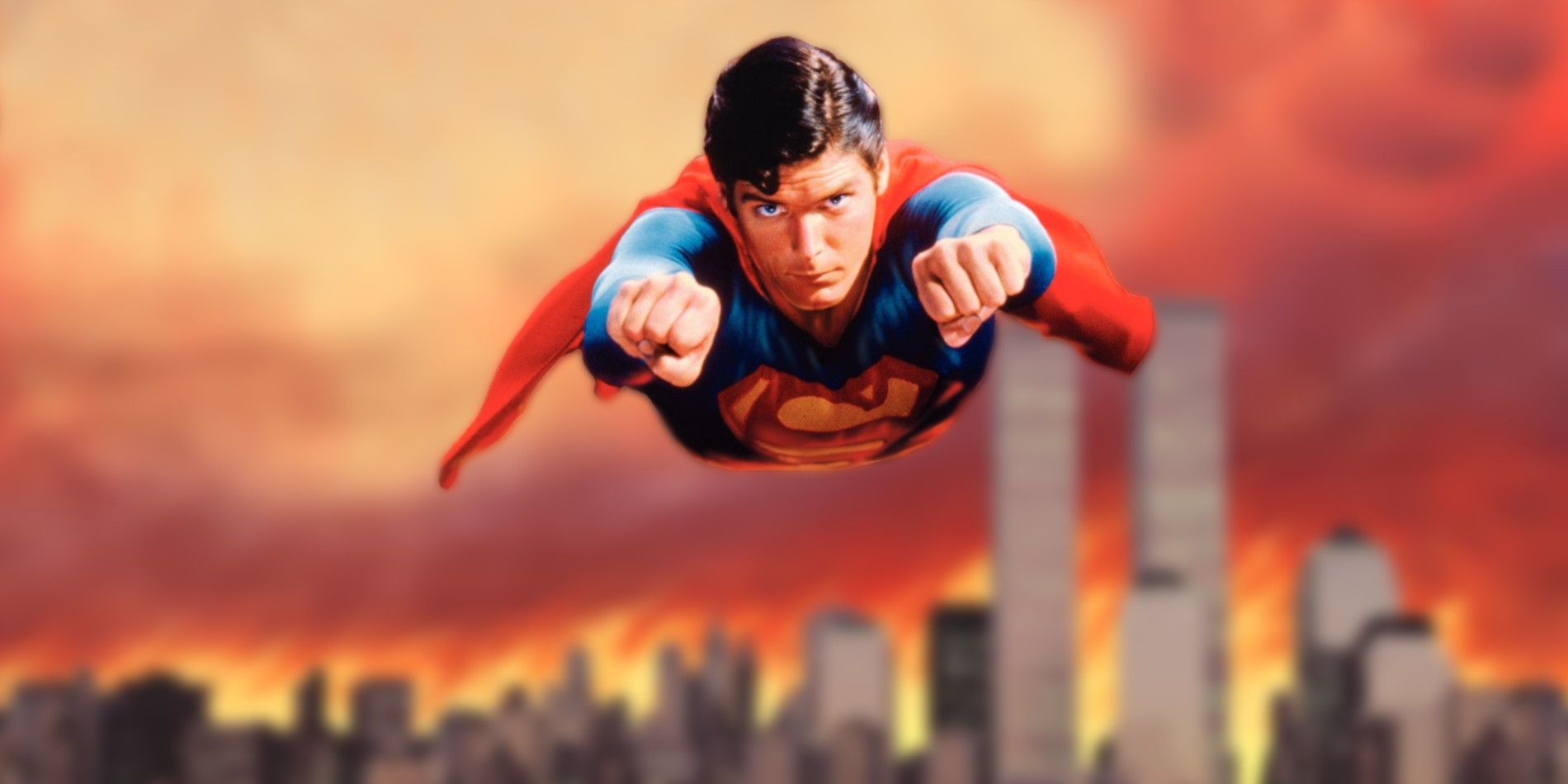 Superman flying away from NYC in Superman II