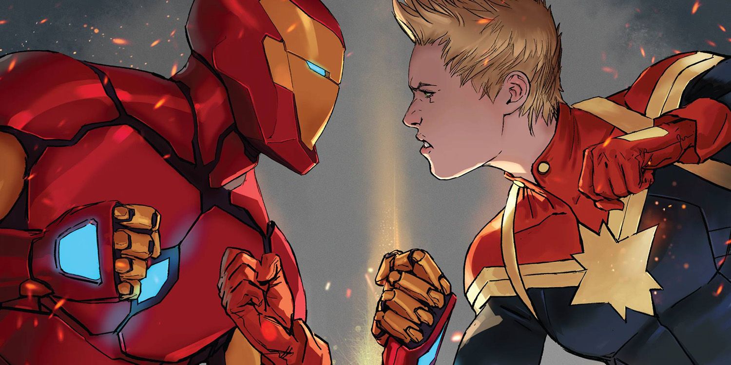 Iron Man and Captain Marvel face off on cover of Civil War II #1 comic. 