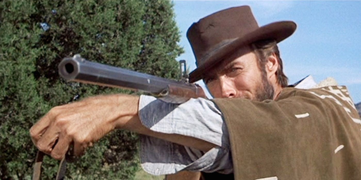 Clint Eastwood aiming a rifle in The Good the Bad and the Ugly