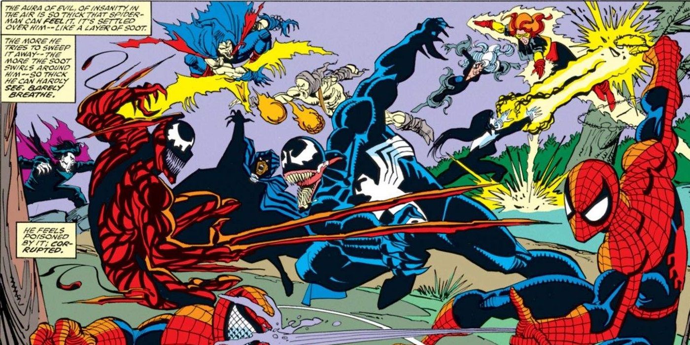 Cloak and Dagger fight with Venom and Spider-Man in Maximum Carnage comic book.