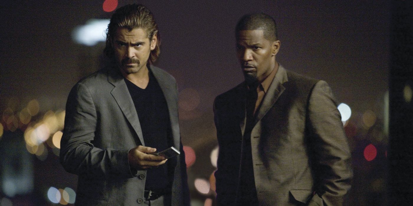 Colin Farrell and Jamie Foxx look serious in Miami Vice