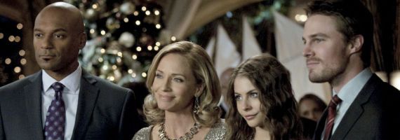 Colin Salmon Susanna Thompson Willa Holland and Stephen Amell in Arrow Year's End