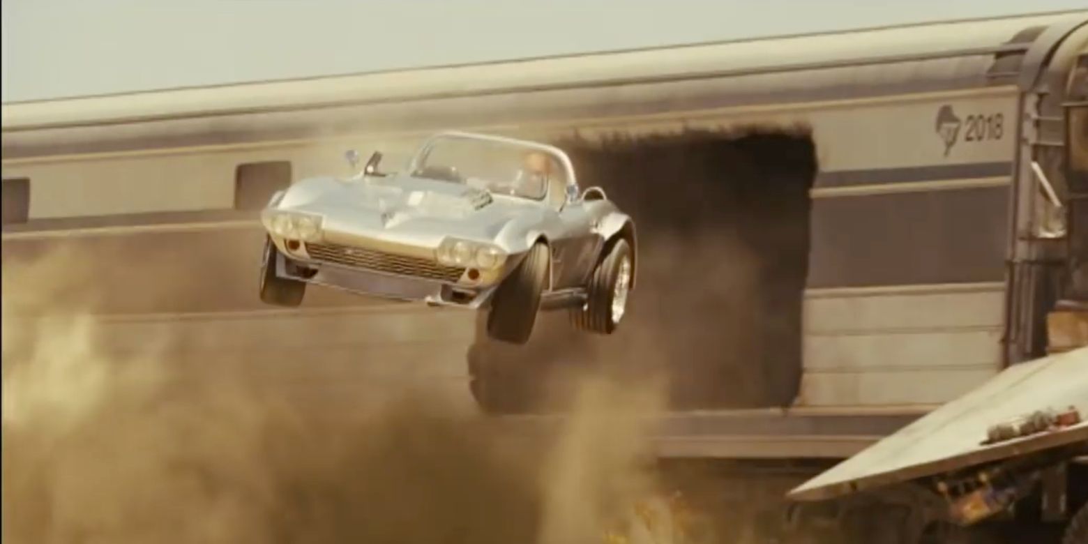 A Corvette jumps out of a train in Fast Five