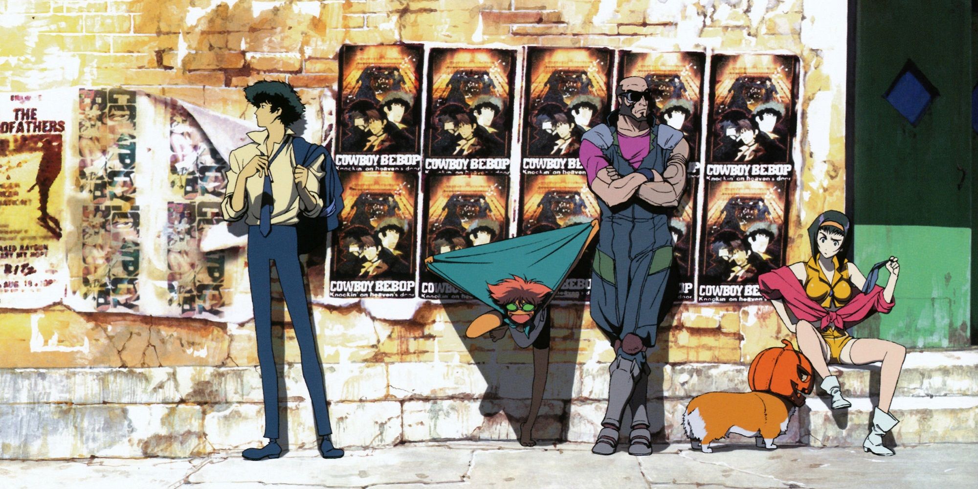 All the characters of Cowboy Bebop leaning against a wall in the Anime Series