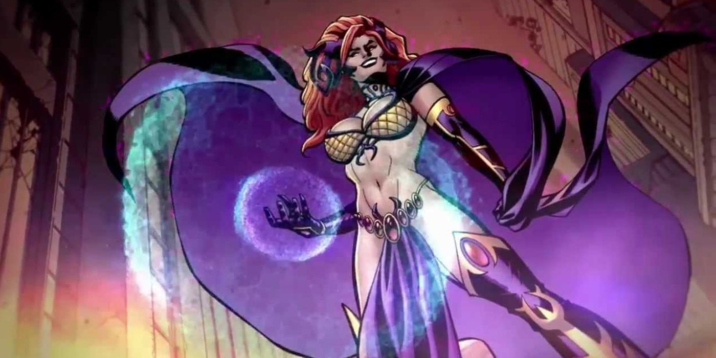 Circe wearing a bathing suit and cape while casting a spell