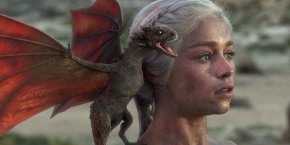 Daenerys Targaryen with her newly hatched dragons, played by Emilia Clarke in Game of Thrones season 1