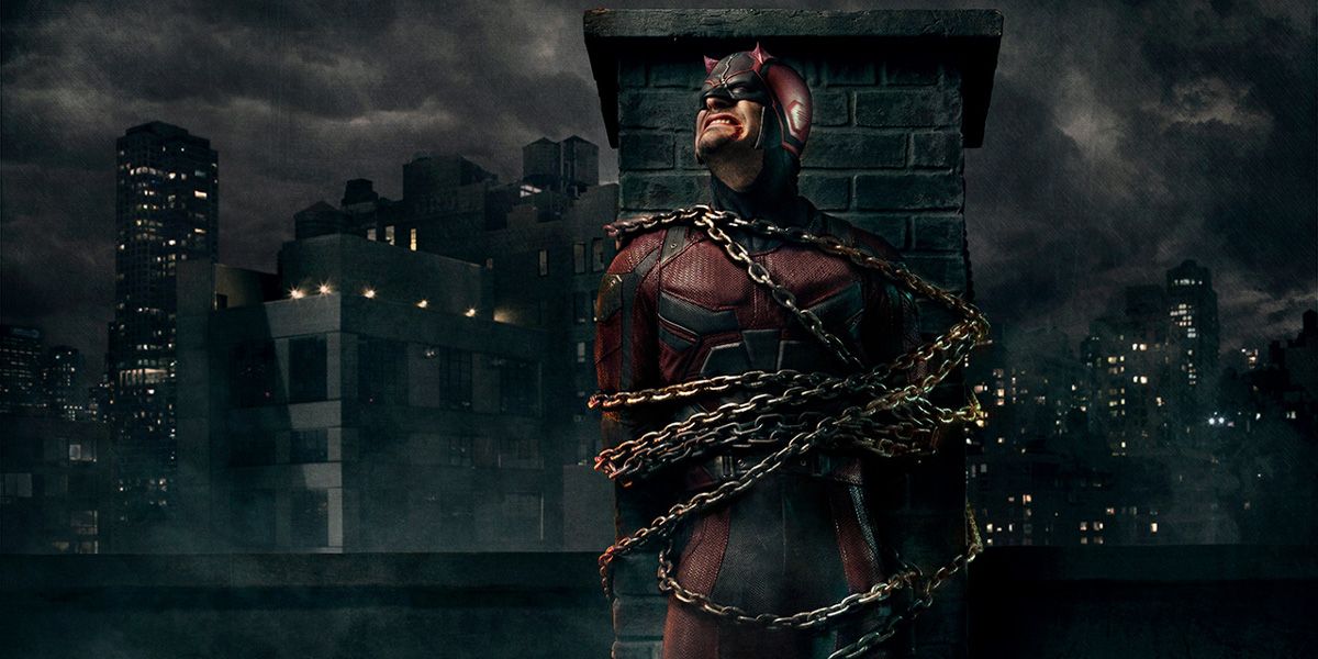 Charlie Cox as Daredevil chained up. Season 2 promo image.