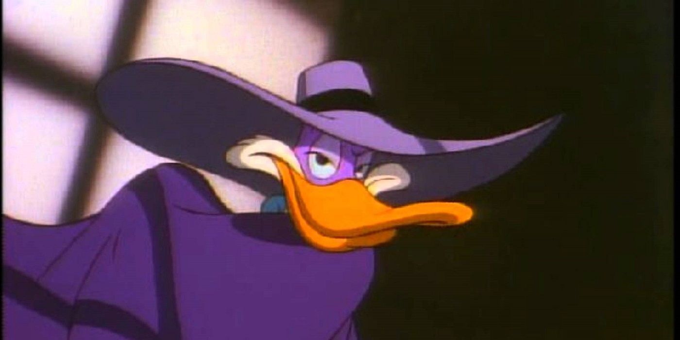 Drake Mallard dressed up as his superhero persona, Darkwing Duck