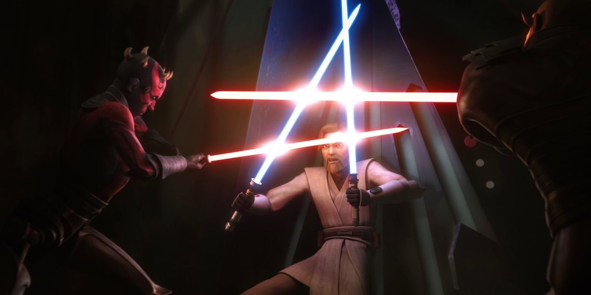 Obi-Wan fends off Maul and Savage in Star Wars: The Clone Wars