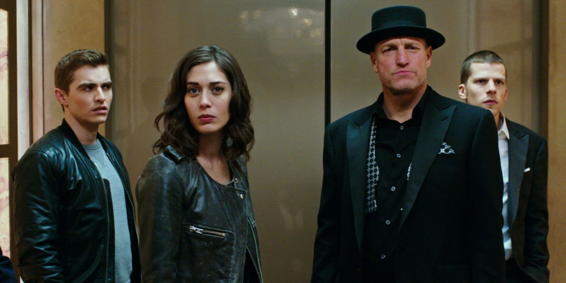Dave Franco, Lizzy Caplan, Woody Harrelson, and Jesse Eisenberg in Now You See Me 2