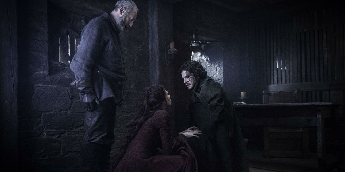 Davos, Melisandre, and Jon Snow talking in Game of Thrones Season 6