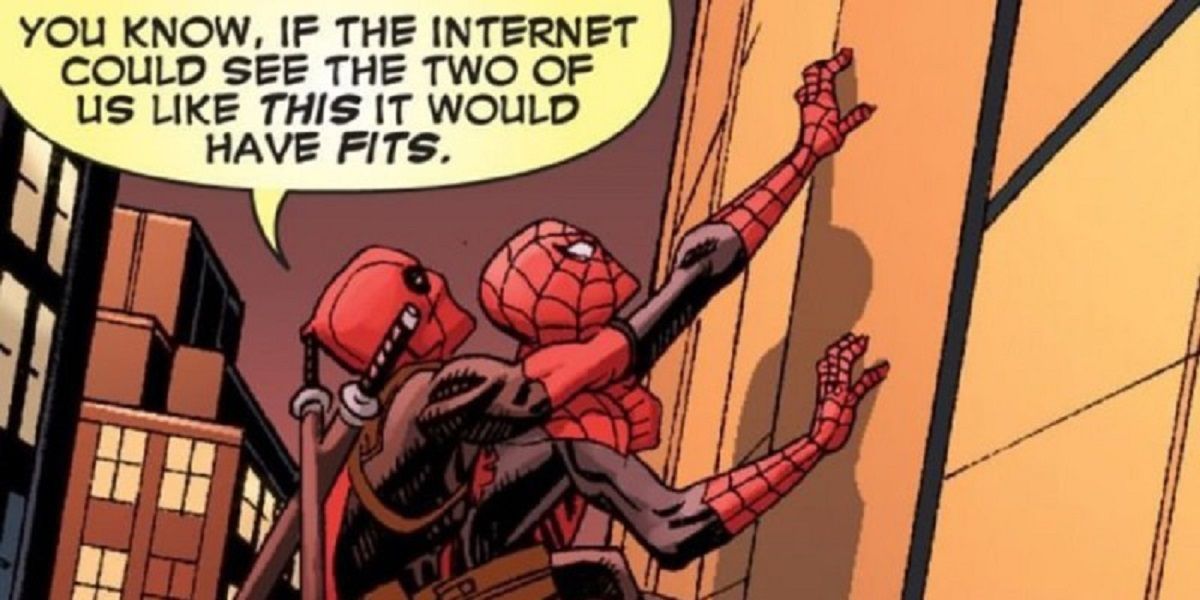 Deadpool and Spider-Man climbing up a wall in Marvel Comics