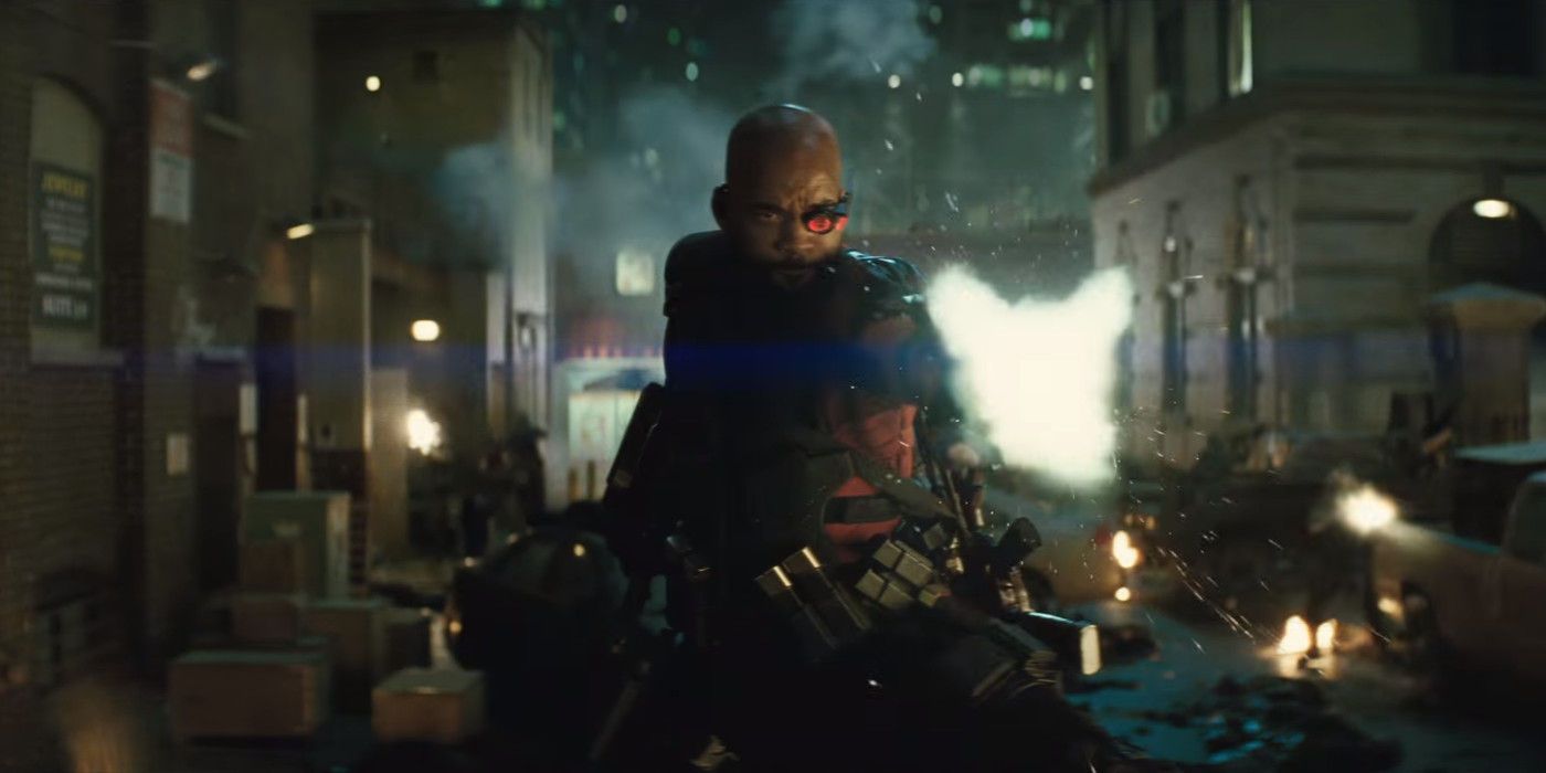 Will Smith as Deadshot, firing a gun in Suicide Squad