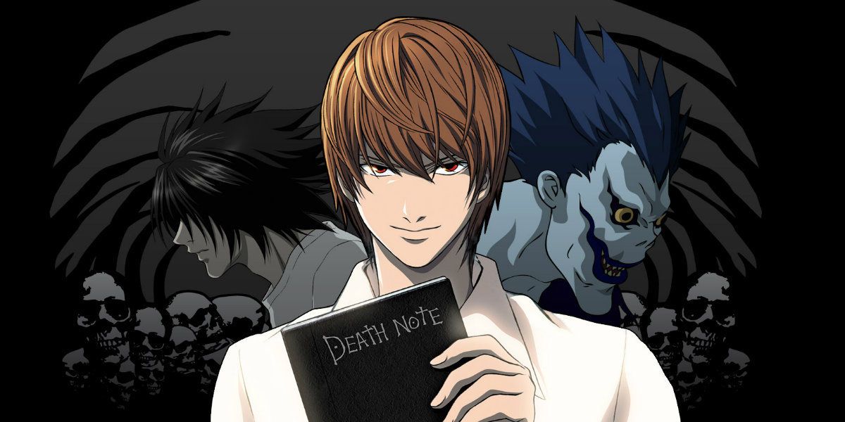 Light holding the Death Note with Ryuk behind him.